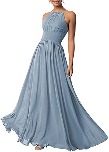 Damen A-Linie Chiffon Plissee Brautjungfer Kleider Lang Neckholder Schulterfrei Formal Kleid, dusty blue, 34 von WSEYU