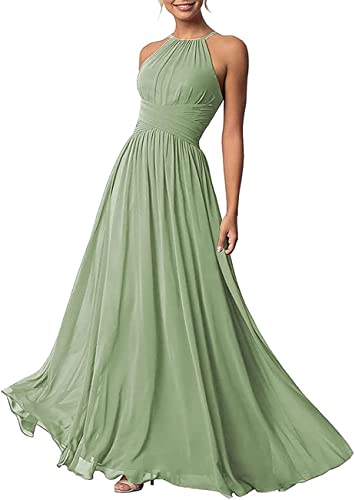 Damen A-Linie Chiffon Plissee Brautjungfer Kleider Lang Neckholder Schulterfrei Formal Kleid, salbeigrün, 36 von WSEYU