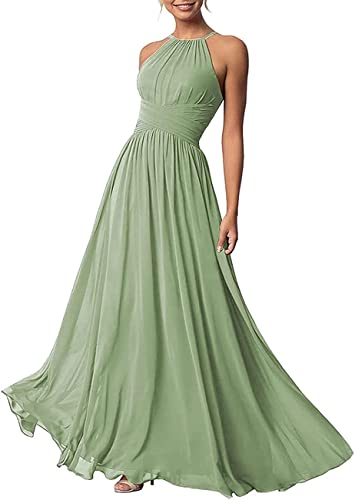 Damen A-Linie Chiffon Plissee Brautjungfernkleider Lang Neckholder Schulterfrei Formelles Kleid, salbeigrün, 48 Damen A-Linie Chiffon Plissee Brautjungfernkleider Lang Neckholder Schulterfrei Formelles Kleid, salbeigrün, 48 von WSEYU