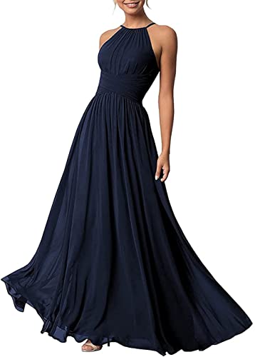 Damen A-Linie Chiffon Plissee Brautjungfernkleider Langes Neckholder Schulterfrei formelles Kleid, marineblau, 32 von WSEYU