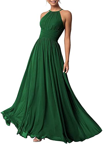 Damen A-Linie Chiffon Plissee Brautjungfernkleider Langes Neckholder Schulterfrei formelles Kleid, smaragdgrün, 34 von WSEYU