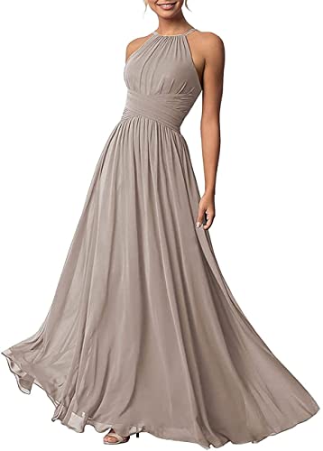 Damen A-Linie Chiffon Plissee Brautjungfernkleider Langes Neckholder Schulterfrei formelles Kleid, taupe, 42 von WSEYU