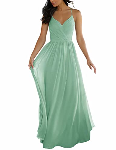 Damen Chiffon Brautjungfer Kleider A-Linie Schlitz Lange Abschlussball Homecoming Cocktailkleider mit Ärmeln für Junioren, mintgrün, 38 von WSEYU