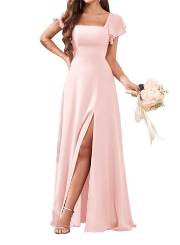 Damen Chiffon Brautjungfernkleider Rüschenärmel A-Linie Lang Abend Formell Partykleid mit Schlitz, Blush Pink, 54 von WSEYU