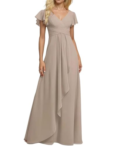 Damen Chiffon Brautjungfernkleider für Hochzeit Falten Cocktailkleider Abendkleider Rückenfrei Übergröße, taupe, 52 Plus von WSEYU