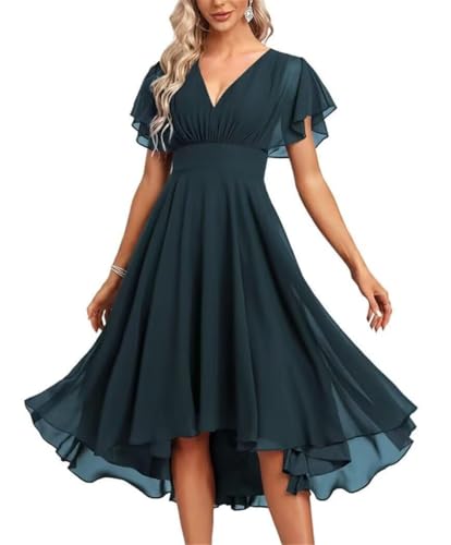 Damen Chiffon Brautjungfernkleider für Hochzeit Kurz Abend Abschlussball Kleider Cocktailkleider Übergröße, blaugrün, 40 von WSEYU