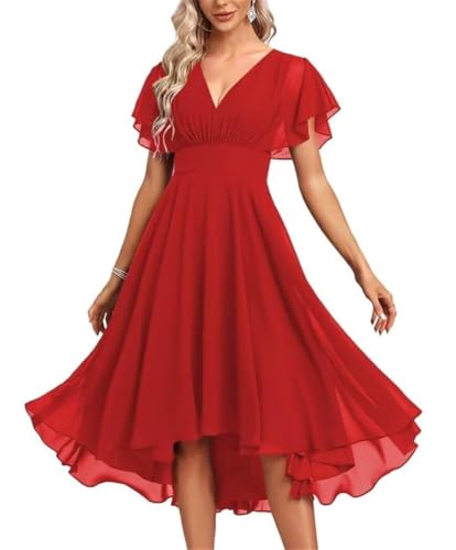 Damen Chiffon Brautjungfernkleider für Hochzeit Kurz Abend Abschlussball Kleider Cocktailkleider Übergröße, rot, 48 Plus von WSEYU
