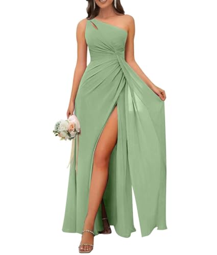 Damen Chiffon One Shoulder Brautjungfernkleid Lang Plissee Formeller Schlitz Abendkleid, Salbeigrün, 32 von WSEYU