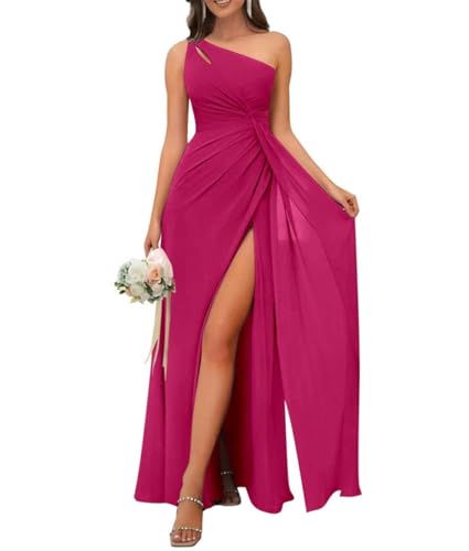 Damen Chiffon One Shoulder Brautjungfernkleid Lang Plissee Formeller Schlitz Abendkleid, fuchsia, 34 Damen Chiffon One Shoulder Brautjungfernkleid Lang Plissee Formeller Schlitz Abendkleid, fuchsia, 34 von WSEYU
