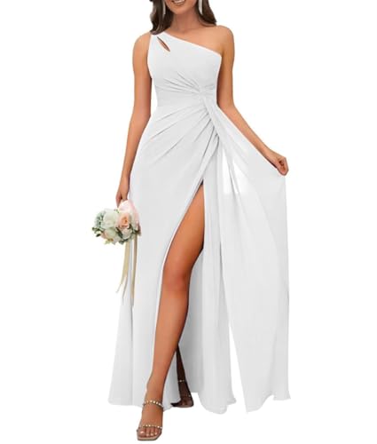 Damen Chiffon One Shoulder Brautjungfernkleid Lang Plissee Formeller Schlitz Abendkleid, weiß, 44 von WSEYU