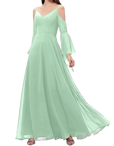 Damen Chiffon Spaghettiträger V-Ausschnitt Brautjungfernkleider Ausgestellt Lange Ärmel A-Linie Ballkleider für Teenager, mint, 38 von WSEYU