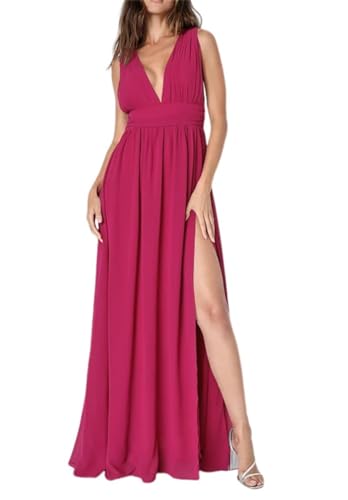 Damen Chiffon V-Ausschnitt Brautjungfernkleider mit Schlitz A-Linie Formelles Abendkleid 2023 mit Taschen, fuchsia, 36 von WSEYU
