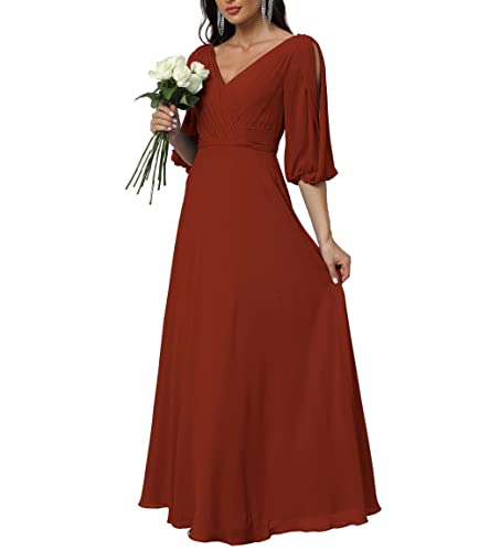 Damen Halbarm Doppelter V-Ausschnitt Brautjungfernkleider Lang Chiffon Plissee Formell Abendkleid, burnt orange, 44 von WSEYU