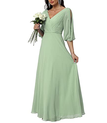 Damen Halbarm Doppelter V-Ausschnitt Brautjungfernkleider Lang Chiffon Plissee Formell Abendkleid, salbeigrün, 46 von WSEYU