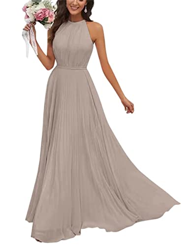 Damen Halfter Brautjungfer Kleider für Hochzeit Lang A Linie Chiffon Formal Abendkleid 2023, taupe, 38 von WSEYU