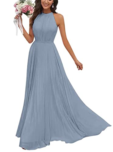 Damen Halfter Brautjungfernkleider für Hochzeit Lang A Linie Chiffon Formal Abendkleid 2023 Smaragdgrün, dusty blue, 42 von WSEYU