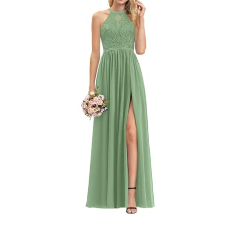 Damen Halfter Lange A-Linie Chiffon Spitze Brautjungfernkleider Beinschlitz Einfache Formelle Kleider für Hochzeit, Basil, 42 Damen Halfter Lange A-Linie Chiffon Spitze Brautjungfernkleider Beinschlitz Einfache Formelle Kleider für Hochzeit, Basil, 42 von WSEYU