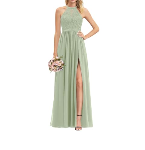 Damen Halfter Lange A-Linie Chiffon Spitze Brautjungfernkleider Beinschlitz Einfache Formelle Kleider für Hochzeit, Seladongrün, 38 von WSEYU