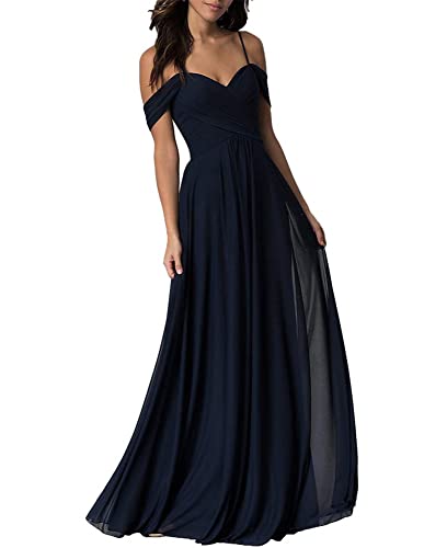 Damen Hochzeit Party Abschlussball Kleider lang Chiffon Off Shoulder Brautjungfer Kleider für Junioren, marineblau, 34 von WSEYU