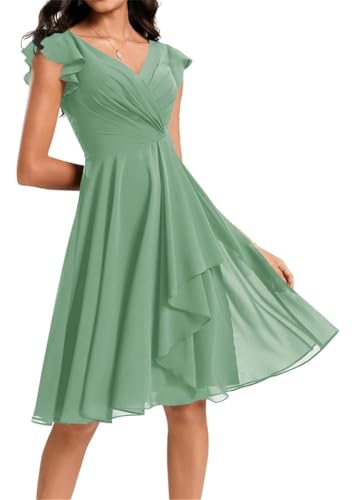 Damen Kurz Brautjungfernkleider Chiffon V-Ausschnitt Cocktailkleider mit Taschen, Eukalyptus, 34 von WSEYU