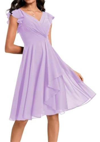 Damen Kurz Brautjungfernkleider Chiffon V-Ausschnitt Cocktailkleider mit Taschen, Flieder, 40 von WSEYU