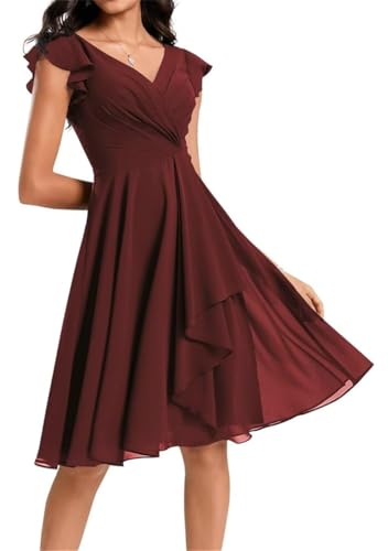 Damen Kurz Brautjungfernkleider Chiffon V-Ausschnitt Cocktailkleider mit Taschen, burgunderfarben, 36 von WSEYU