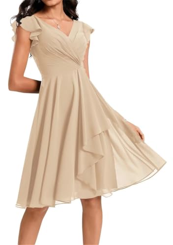 Damen Kurz Brautjungfernkleider Chiffon V-Ausschnitt Cocktailkleider mit Taschen, champagnerfarben, 36 von WSEYU
