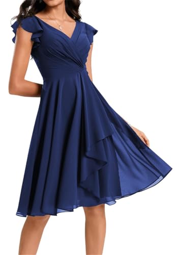 Damen Kurz Brautjungfernkleider Chiffon V-Ausschnitt Cocktailkleider mit Taschen, dunkelblau, 32 von WSEYU