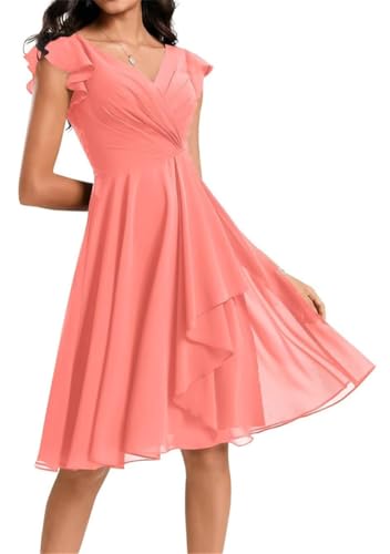 Damen Kurz Brautjungfernkleider Chiffon V-Ausschnitt Cocktailkleider mit Taschen, korallenrot, 38 von WSEYU