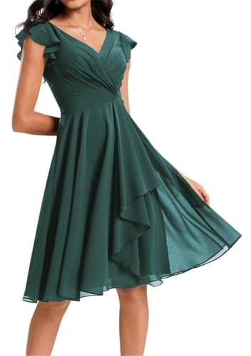 Damen Kurz Brautjungfernkleider Chiffon V-Ausschnitt Cocktailkleider mit Taschen, pfau, 36 von WSEYU