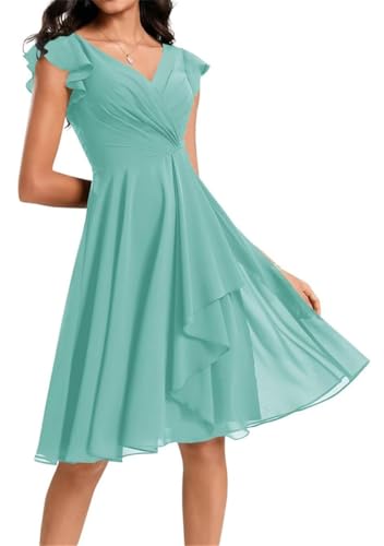Damen Kurz Brautjungfernkleider Chiffon V-Ausschnitt Cocktailkleider mit Taschen, türkis, 58 von WSEYU