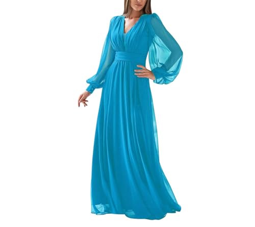 Damen Langarm Brautjungfer Kleider V Ausschnitt Formelles Kleid Plissee Chiffon A-Linie Abendkleider Party Kleider, blau, 48 Plus von WSEYU