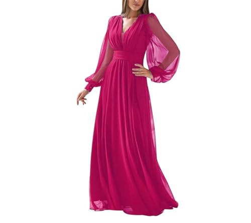 Damen Langarm Brautjungfer Kleider V Ausschnitt Formelles Kleid Plissee Chiffon A-Linie Abendkleider Party Kleider, fuchsia, 38 von WSEYU