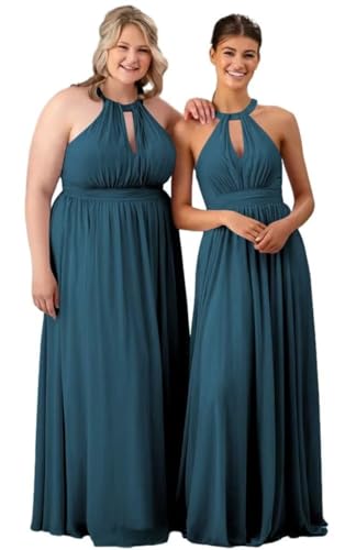 Damen Neckholder Brautjungfer Kleid Lang Plissee Chiffon Formale Party Kleider mit Taschen, blaugrün, 40 von WSEYU
