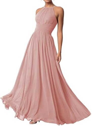 Damen Neckholder Brautjungfernkleider Lang Chiffon Kleider Abendkleider, Dusty Rose, 36 von WSEYU