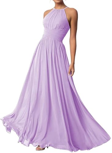 Damen Neckholder Brautjungfernkleider Lang Chiffon Kleider Abendkleider, Flieder, 36 von WSEYU