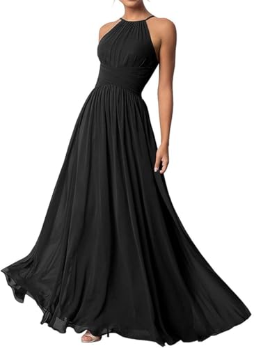 Damen Neckholder Brautjungfernkleider Lang Chiffon Kleider Abendkleider, Schwarz , 38 von WSEYU