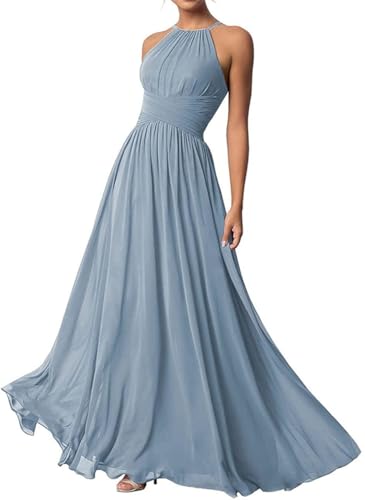 Damen Neckholder Brautjungfernkleider Lang Chiffon Kleider Abendkleider, dusty blue, 38 von WSEYU