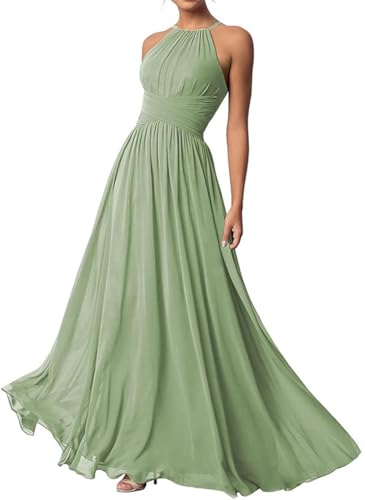 Damen Neckholder Brautjungfernkleider Lang Chiffon Kleider Abendkleider, graugrün, 54 Damen Neckholder Brautjungfernkleider Lang Chiffon Kleider Abendkleider, graugrün, 54 von WSEYU