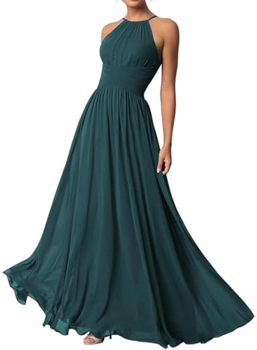 Damen Neckholder Brautjungfernkleider Lang Chiffon Kleider Abendkleider, pfau, 54 Damen Neckholder Brautjungfernkleider Lang Chiffon Kleider Abendkleider, pfau, 54 von WSEYU