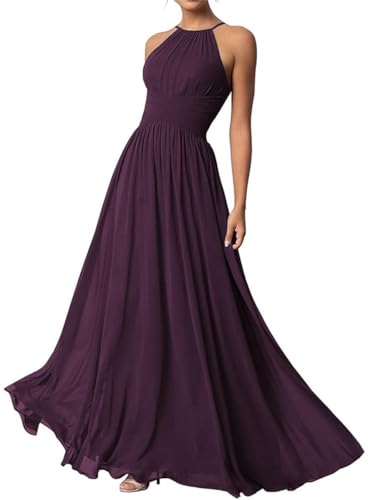 Damen Neckholder Brautjungfernkleider Lang Chiffon Kleider Abendkleider, pflaume, 38 von WSEYU