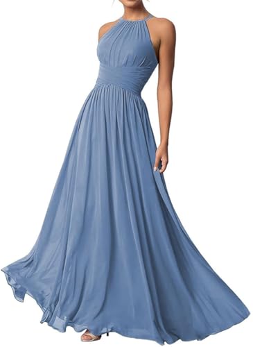 Damen Neckholder Brautjungfernkleider Lang Chiffon Kleider Abendkleider, slate blue, 42 von WSEYU