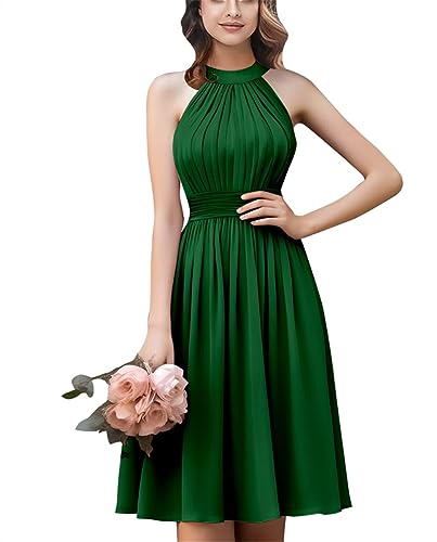 Damen Neckholder Kurz Brautjungfernkleider Gerafft A Linie Homecoming Ballkleid Knielang Hochzeit Party Kleid, smaragdgrün, 40 von WSEYU