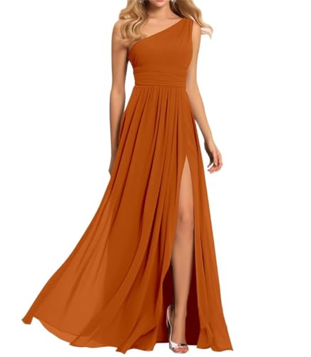 Damen One Shoulder Brautjungfernkleider für Hochzeit Chiffon Plissee Ballkleid mit Schlitz Hochzeit Party Kleider, burnt orange, 48 Plus von WSEYU