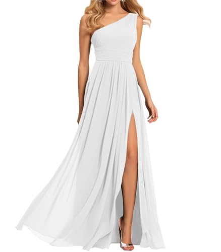 Damen One Shoulder Brautjungfernkleider für Hochzeit Chiffon Plissee Ballkleid mit Schlitz Hochzeit Party Kleider, weiß, 32 von WSEYU