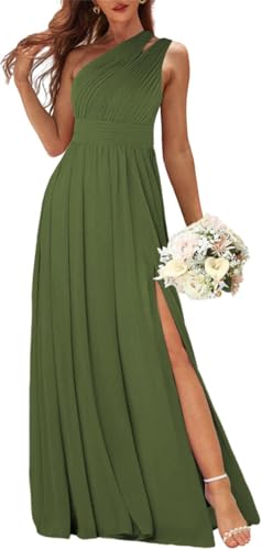 Damen One Shoulder Brautjungfernkleider für Hochzeit Chiffon gerafft formelles Kleid mit Schlitz Abendkleid, olivgrün, 38 von WSEYU