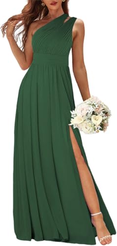 Damen One Shoulder Brautjungfernkleider für Hochzeit Chiffon gerafft formelles Kleid mit Schlitz Abendkleid, smaragdgrün, 38 von WSEYU