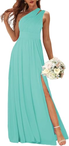 Damen One Shoulder Brautjungfernkleider für Hochzeit Chiffon gerafft formelles Kleid mit Schlitz Abendkleid, türkis, 34 von WSEYU