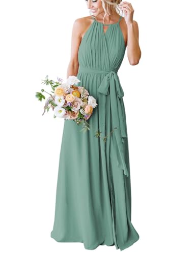 Damen Plissee Chiffon Lange Brautjungfernkleider mit Taschen formelle Kleider Abend Party Kleid, Eukalyptus, 36 von WSEYU