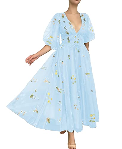 Damen Puffige Ärmel Ballkleider Blumen Stickerei Tüll Formal Abend Party Kleider, blau, 44 von WSEYU